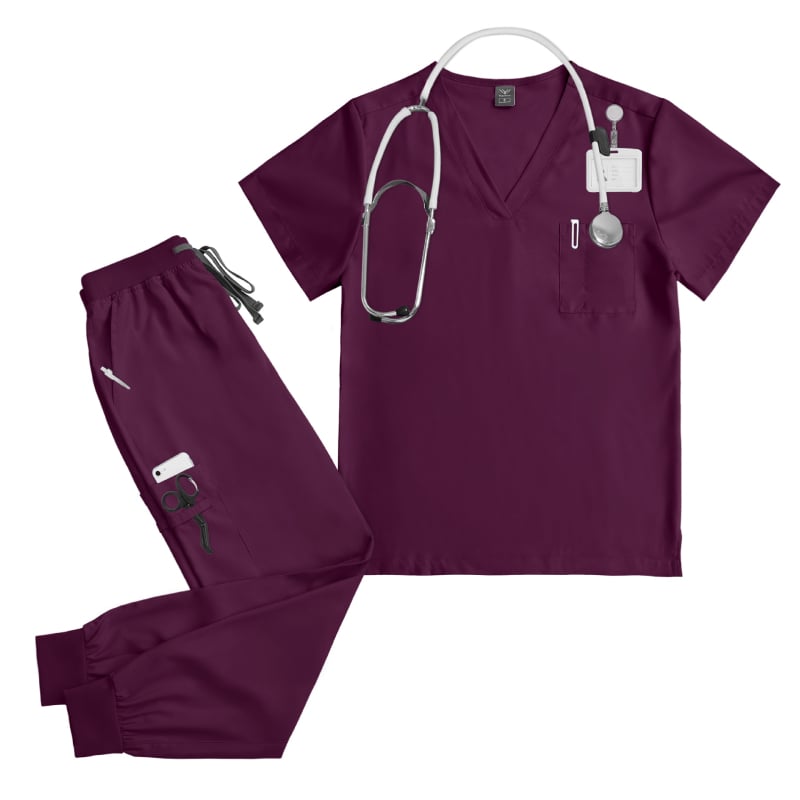 Unisex medicīnas scrub komplekts zobārstniecības klīnikai, top ar V kakla izgriezumu un īsām piedurknēm, garas bikses, mitrumu vadājošs poliestera-elastāna audums