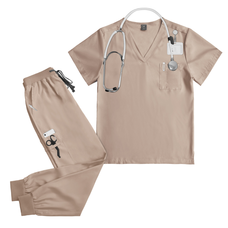 Unisex medicininis scrub komplektas stomatologijos klinikai: V kaklo iškirptė, trumpomis rankovėmis viršus ir ilgos kelnės, drėgmę valdantis poliesterio-elastano audinys