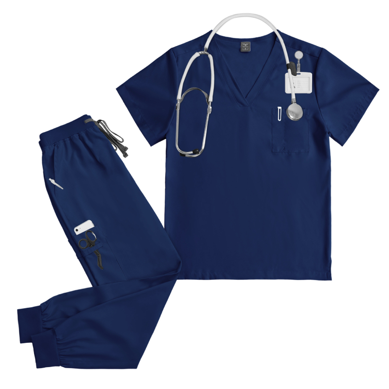 Unisex medicininis scrub komplektas stomatologijos klinikai: V kaklo iškirptė, trumpomis rankovėmis viršus ir ilgos kelnės, drėgmę valdantis poliesterio-elastano audinys