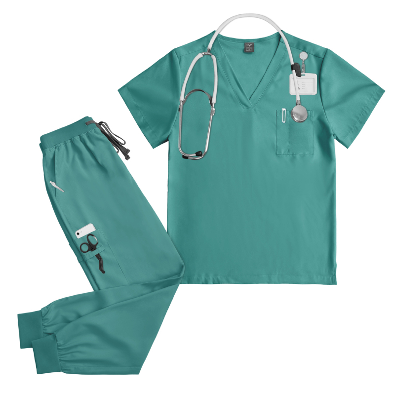 Unisex medicininis scrub komplektas stomatologijos klinikai: V kaklo iškirptė, trumpomis rankovėmis viršus ir ilgos kelnės, drėgmę valdantis poliesterio-elastano audinys