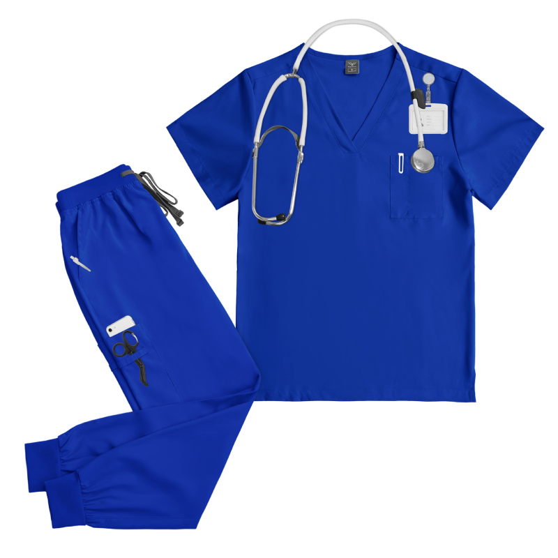 Unisex medicīnas scrub komplekts zobārstniecības klīnikai, top ar V kakla izgriezumu un īsām piedurknēm, garas bikses, mitrumu vadājošs poliestera-elastāna audums