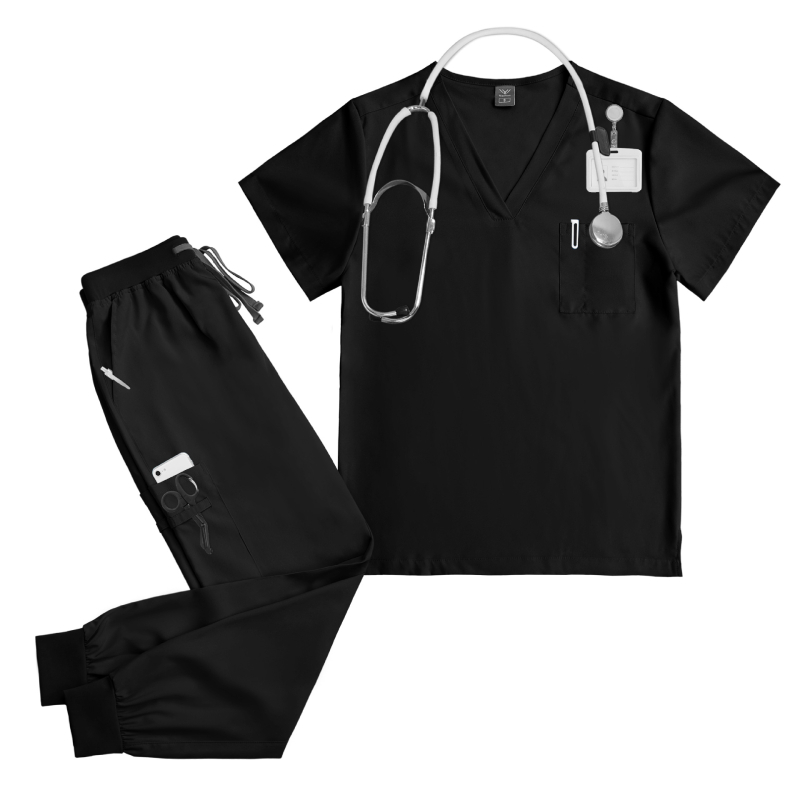 Unisex medicīnas scrub komplekts zobārstniecības klīnikai, top ar V kakla izgriezumu un īsām piedurknēm, garas bikses, mitrumu vadājošs poliestera-elastāna audums