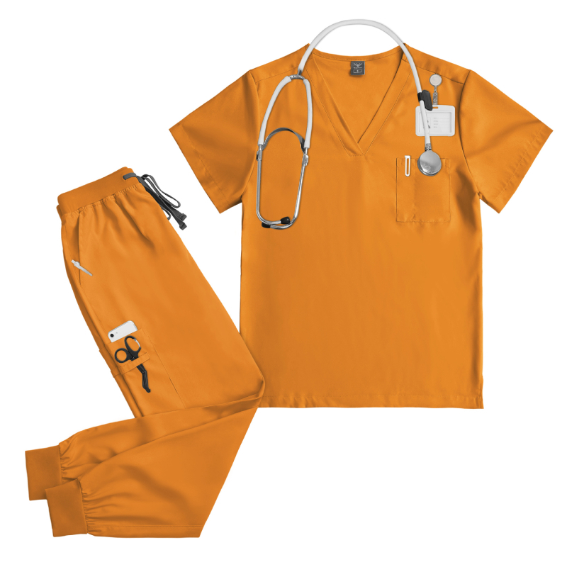 Unisex medicīnas scrub komplekts zobārstniecības klīnikai, top ar V kakla izgriezumu un īsām piedurknēm, garas bikses, mitrumu vadājošs poliestera-elastāna audums