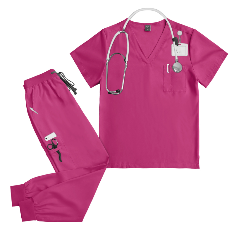 Unisex medicīnas scrub komplekts zobārstniecības klīnikai, top ar V kakla izgriezumu un īsām piedurknēm, garas bikses, mitrumu vadājošs poliestera-elastāna audums