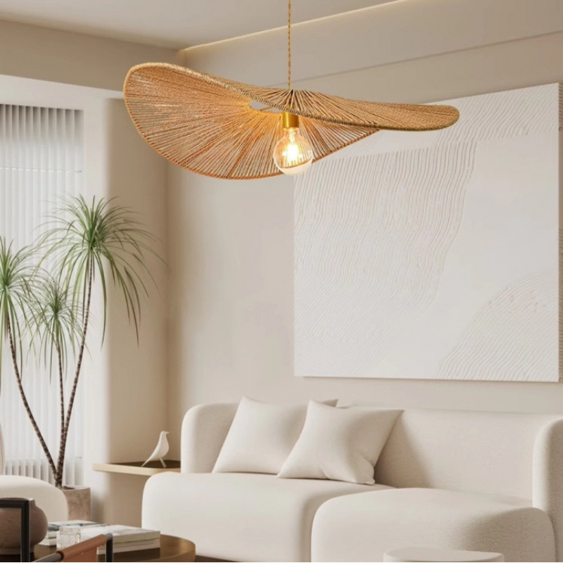 Κρεμαστό φωτιστικό σε ιαπωνικό στυλ με καλώδιο, LED φως, σώμα και σκιά από ρατάν, πολυέλαιος με μία κεφαλή