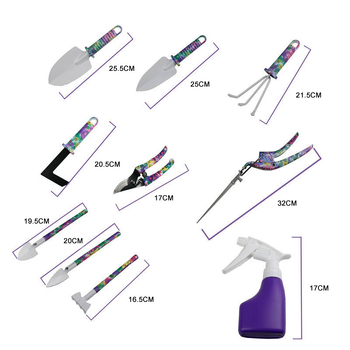 Σετ εργαλείων κήπου: φτυάρι για σκάψιμο, σκαλιστήρι, κλαδευτήρες, ψεκαστήρας· κεφαλή από σίδηρο και λαβή από πλαστικό· κατάλληλο για μπαλκόνι, γλάστρες και κήπο.