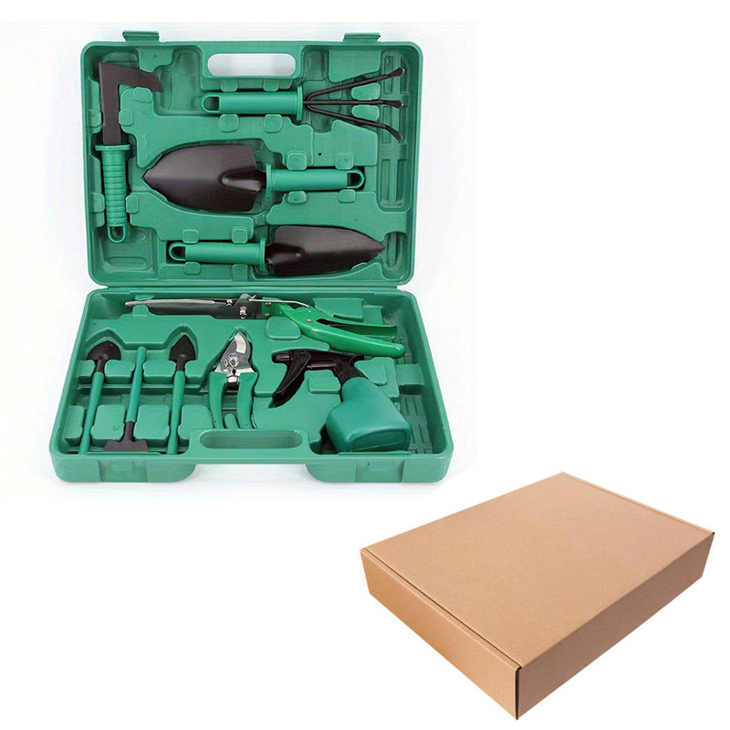 Kertészeti szerszámkészlet: ásó, metszőolló és permetező; vasfejű, műanyag fogantyúval; erkélyre, cserepekbe és a kertbe.