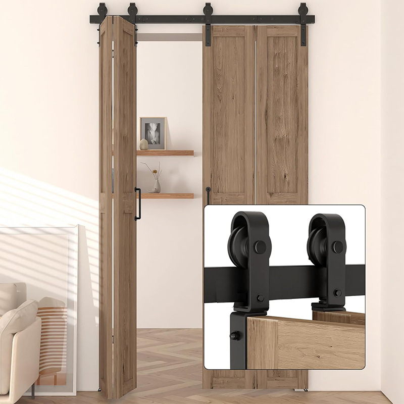 Anglies plieno durų mechanikos komplektas – sulankstomos dviejų durų bėginiai ir ratukai svetainei ir virtuvei, atsparus dėvėjimuisi, miltelinis dengimas, modelis JH-ZD1, modernus minimalistinis stilius