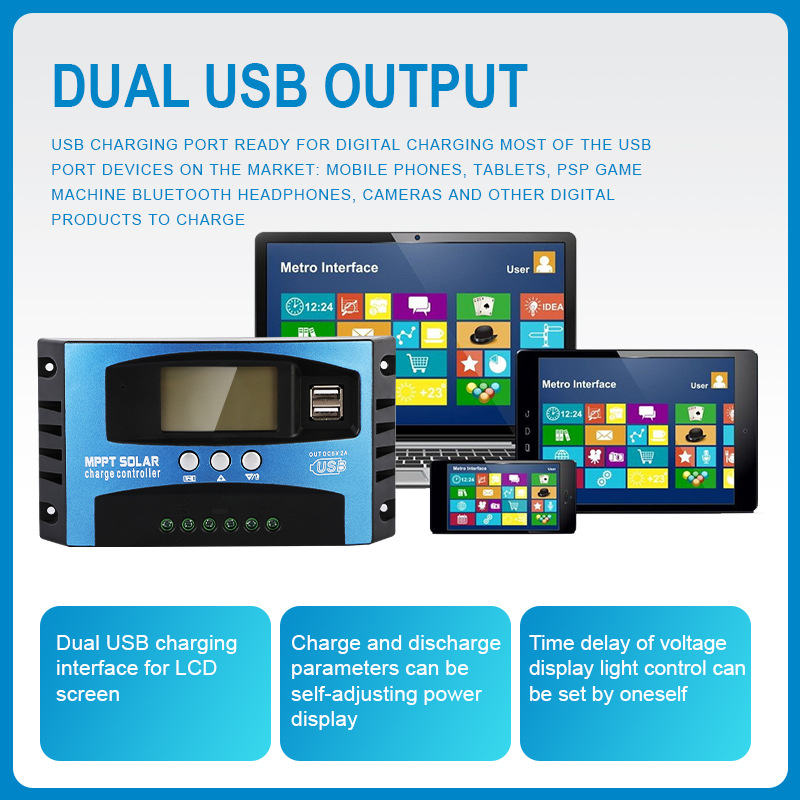 MPPT saulės skydelio valdiklis 12V/24V, 30–100A, suderinamas su ličio baterijomis, CE/ROHS/FCC