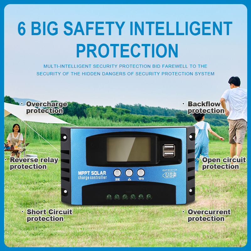 MPPT saulės skydelio valdiklis 12V/24V, 30–100A, suderinamas su ličio baterijomis, CE/ROHS/FCC