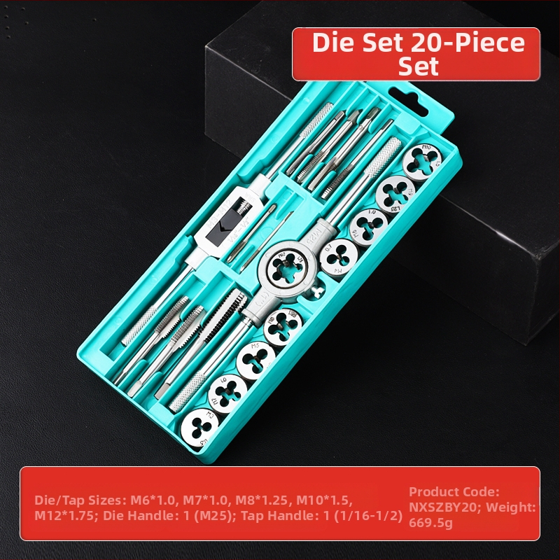 Комплект за завиване на резби (тап и ди) със свредло за резби, ръчен инструмент за завиване на резби и вътрешнорезбов гаечен ключ