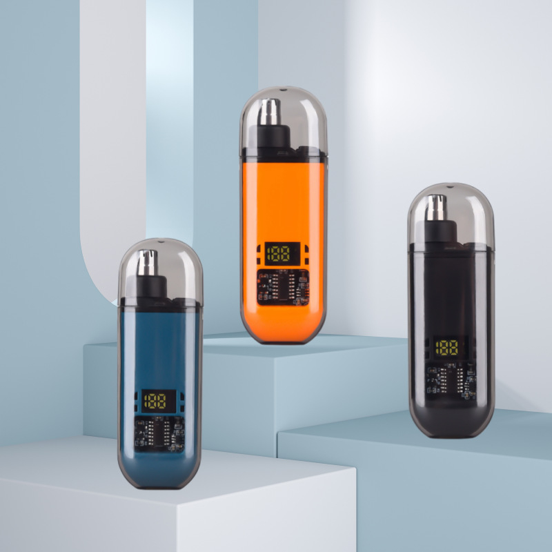 Nosies plaukų skutimo prietaisas, įkraunamas, mažas ir nešiojamas, su nuimamą plaunamą pjovimo galvutę, ABS korpusas.