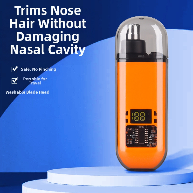 Nosies plaukų skutimo prietaisas, įkraunamas, mažas ir nešiojamas, su nuimamą plaunamą pjovimo galvutę, ABS korpusas.