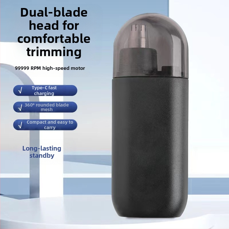 Nosies plaukų skutimo prietaisas, įkraunamas, mažas ir nešiojamas, su nuimamą plaunamą pjovimo galvutę, ABS korpusas.