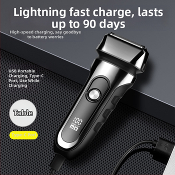 Elektrinis skustuvas su atgaline 3 peilių galva, plūduriuojanti galva, įmontuota 500–800 mAh baterija, 90 min veikimo laikas, USB įkrovimas