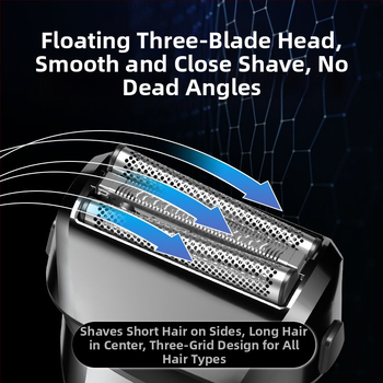 Elektrinis skustuvas su atgaline 3 peilių galva, plūduriuojanti galva, įmontuota 500–800 mAh baterija, 90 min veikimo laikas, USB įkrovimas