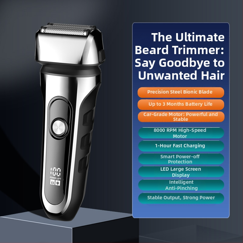 Elektrinis skustuvas su atgaline 3 peilių galva, plūduriuojanti galva, įmontuota 500–800 mAh baterija, 90 min veikimo laikas, USB įkrovimas