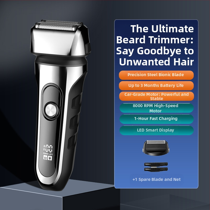 Elektrinis skustuvas su atgaline 3 peilių galva, plūduriuojanti galva, įmontuota 500–800 mAh baterija, 90 min veikimo laikas, USB įkrovimas