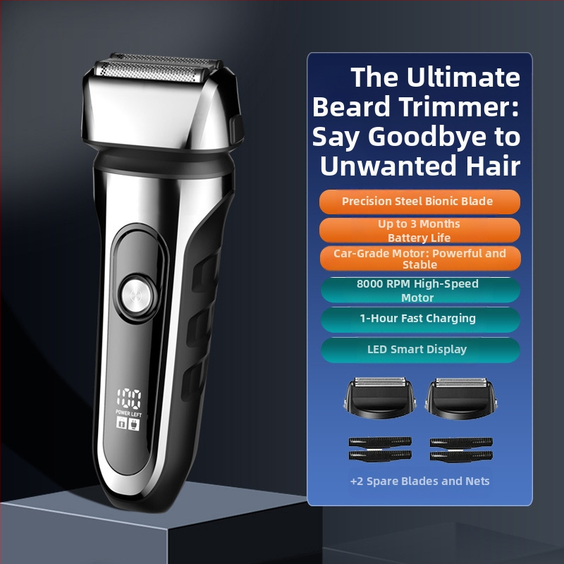 Elektrinis skustuvas su atgaline 3 peilių galva, plūduriuojanti galva, įmontuota 500–800 mAh baterija, 90 min veikimo laikas, USB įkrovimas