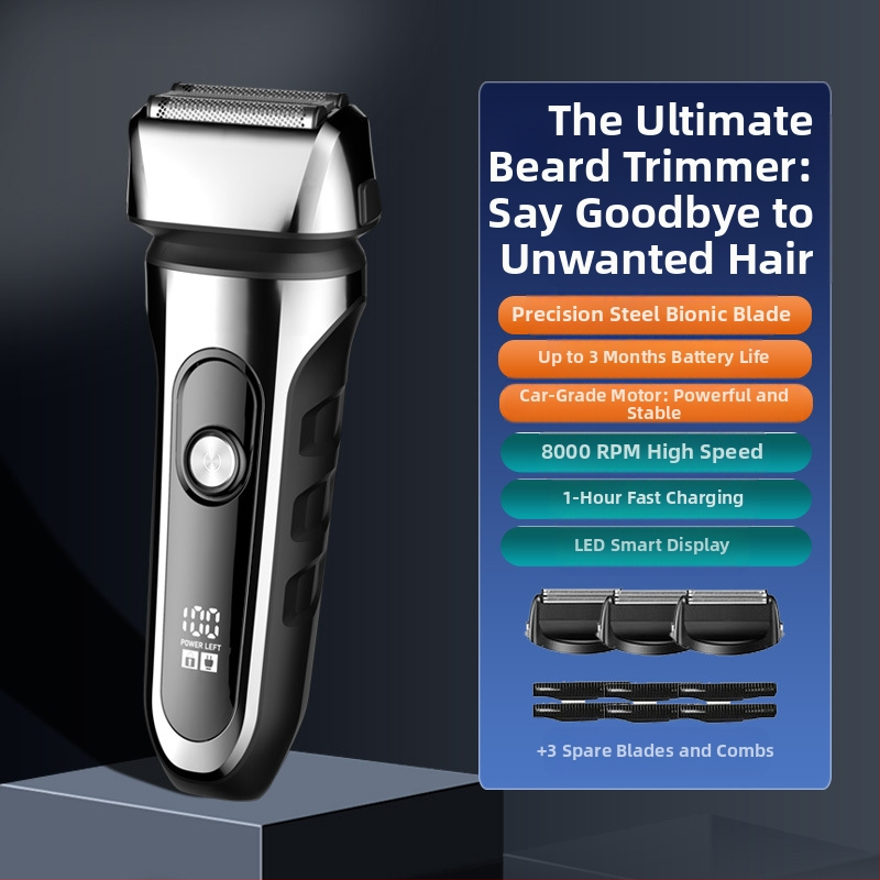 Elektrinis skustuvas su atgaline 3 peilių galva, plūduriuojanti galva, įmontuota 500–800 mAh baterija, 90 min veikimo laikas, USB įkrovimas