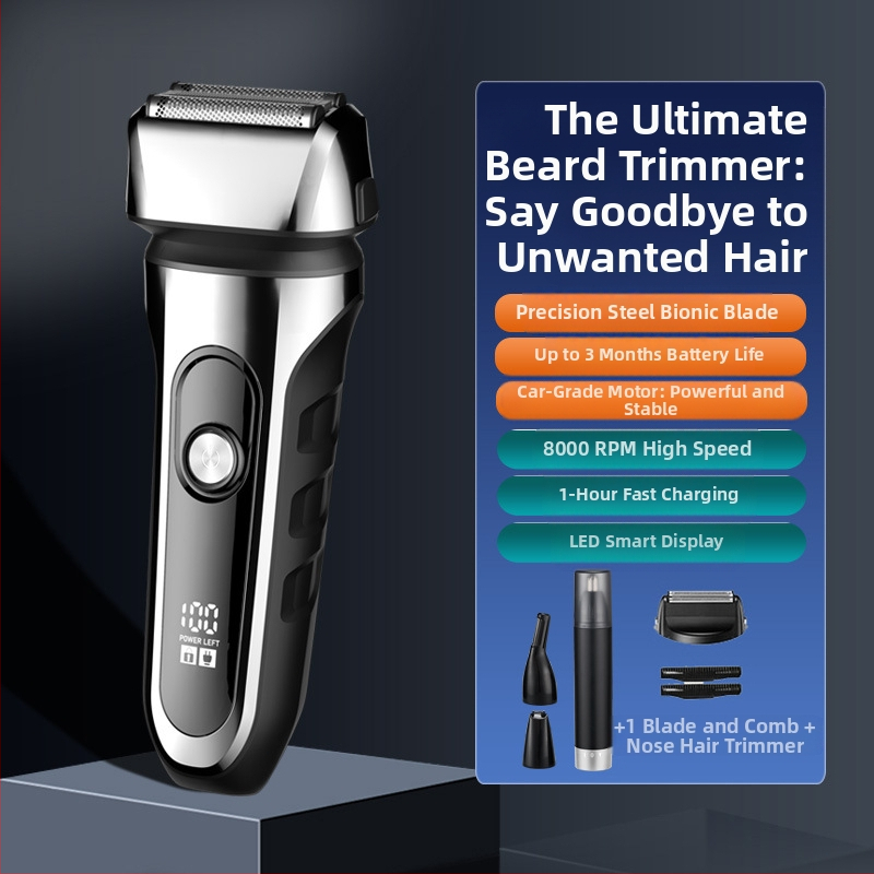 Elektrinis skustuvas su atgaline 3 peilių galva, plūduriuojanti galva, įmontuota 500–800 mAh baterija, 90 min veikimo laikas, USB įkrovimas