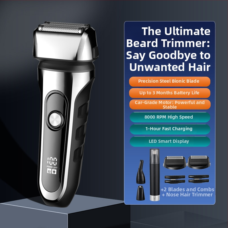 Elektrinis skustuvas su atgaline 3 peilių galva, plūduriuojanti galva, įmontuota 500–800 mAh baterija, 90 min veikimo laikas, USB įkrovimas