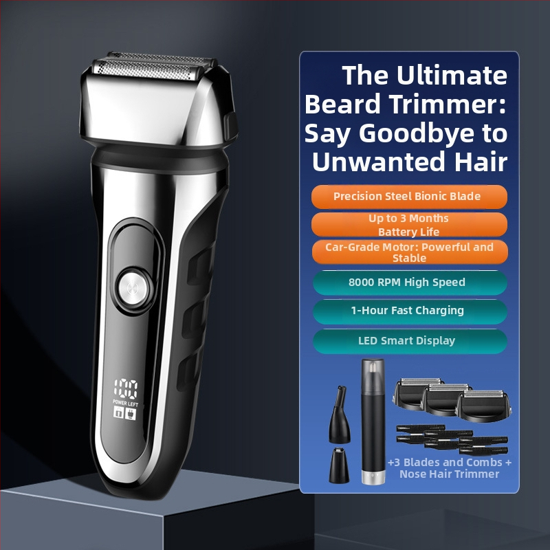 Elektrinis skustuvas su atgaline 3 peilių galva, plūduriuojanti galva, įmontuota 500–800 mAh baterija, 90 min veikimo laikas, USB įkrovimas