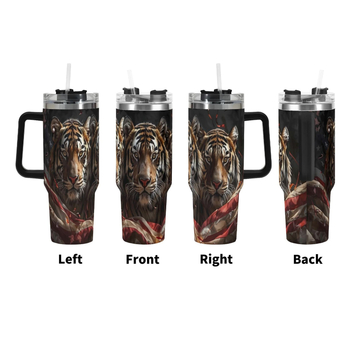 Απομονωμένο θερμό ποτήρι αυτοκινήτου με λαβή και καλαμάκι — εσωτερικό από 304 ανοξείδωτο, εξωτερικό από 201 ανοξείδωτο, κενoειδής μόνωση 0–6 ώρες, δυνατότητα εκτύπωσης λογότυπου