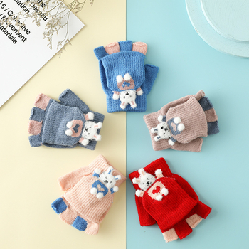 Vaikų žieminės pirštinės su puse piršto ir Flip-Top, kiškučio karikatūra, megztos, šildo, amžius 3–6