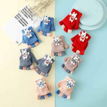 Vaikų žieminės pirštinės su puse piršto ir Flip-Top, kiškučio karikatūra, megztos, šildo, amžius 3–6