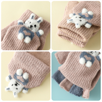 Vaikų žieminės pirštinės su puse piršto ir Flip-Top, kiškučio karikatūra, megztos, šildo, amžius 3–6