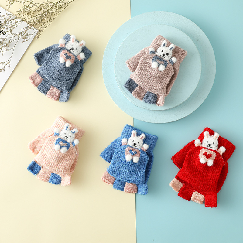 Vaikų žieminės pirštinės su puse piršto ir Flip-Top, kiškučio karikatūra, megztos, šildo, amžius 3–6