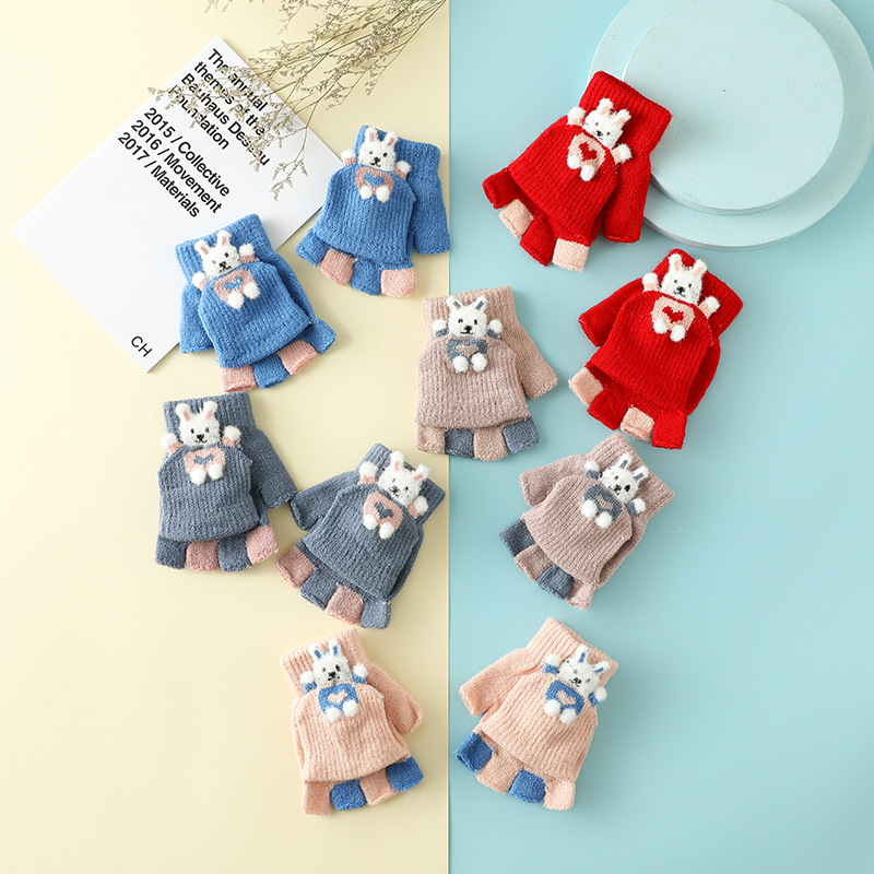Vaikų žieminės pirštinės su puse piršto ir Flip-Top, kiškučio karikatūra, megztos, šildo, amžius 3–6