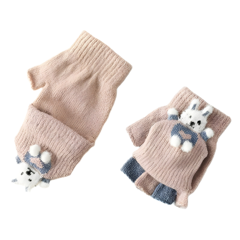 Vaikų žieminės pirštinės su puse piršto ir Flip-Top, kiškučio karikatūra, megztos, šildo, amžius 3–6