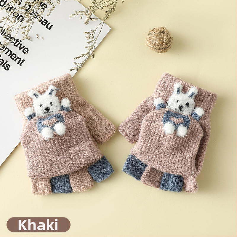 Vaikų žieminės pirštinės su puse piršto ir Flip-Top, kiškučio karikatūra, megztos, šildo, amžius 3–6