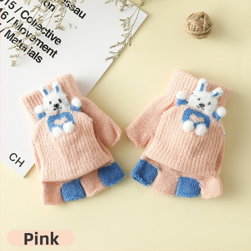 Vaikų žieminės pirštinės su puse piršto ir Flip-Top, kiškučio karikatūra, megztos, šildo, amžius 3–6