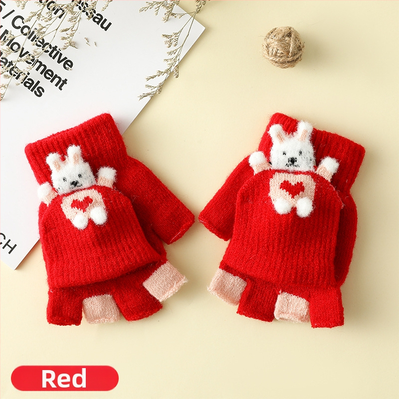 Vaikų žieminės pirštinės su puse piršto ir Flip-Top, kiškučio karikatūra, megztos, šildo, amžius 3–6