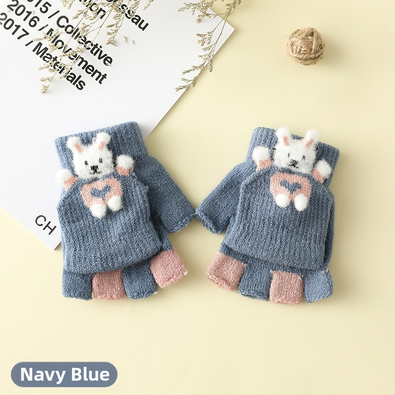 Vaikų žieminės pirštinės su puse piršto ir Flip-Top, kiškučio karikatūra, megztos, šildo, amžius 3–6