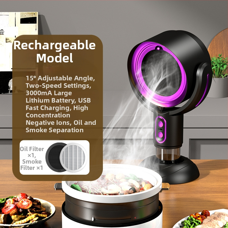 Настолна преносима кухненска качулка за домашна употреба, нисък шум ≤40 dB, обем на изпускане 4,8 м³/мин, мощност <150 W, размери 21×15×35 cm.