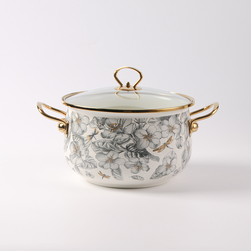 Emalinis sriubų puodas su stiklo dangteliu, 1,1–2 L, Vakarietiškas stilius, suderinamas su bendru virykle, modelis 20240008