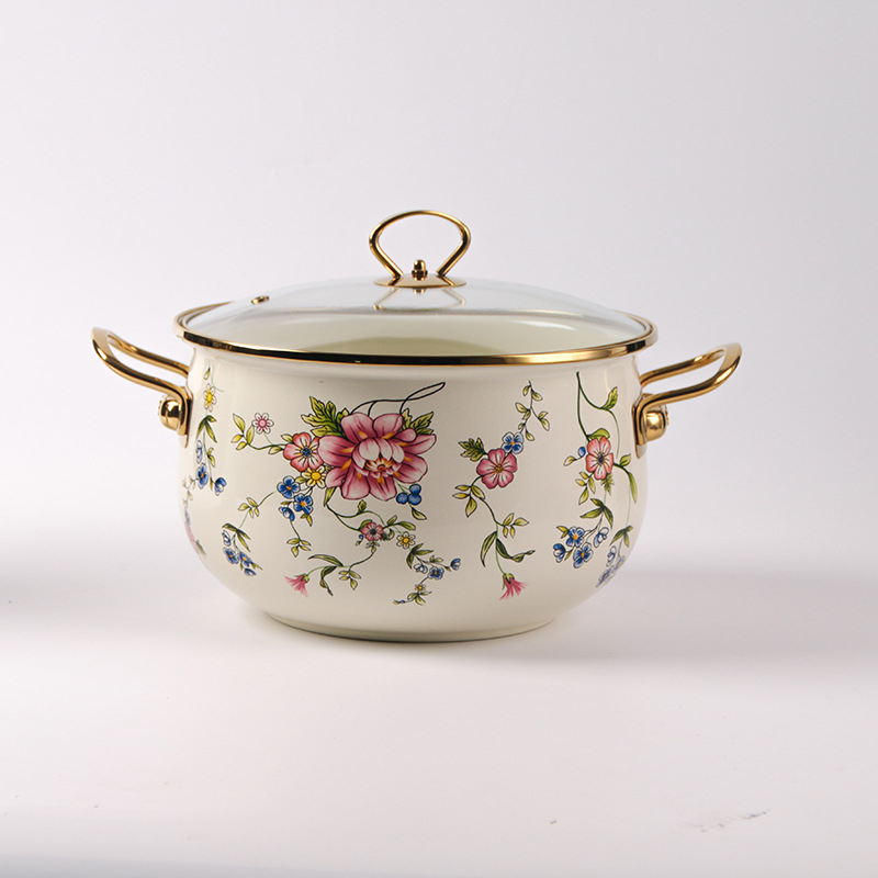 Emalinis sriubų puodas su stiklo dangteliu, 1,1–2 L, Vakarietiškas stilius, suderinamas su bendru virykle, modelis 20240008