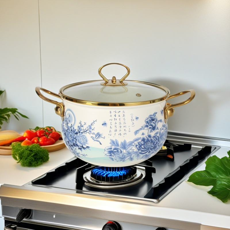 Emalinis sriubų puodas su stiklo dangteliu, 1,1–2 L, Vakarietiškas stilius, suderinamas su bendru virykle, modelis 20240008