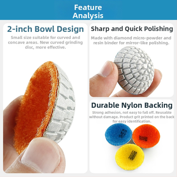 Arku formā izstrādāta mitrā slīpēšanas plāksne ar dimanta abrazīvu, mīksta slīpēšanas plāksne izliekta virsma un konkavais dibens; piemērota marmoram, kvarcam, granītam un jade.