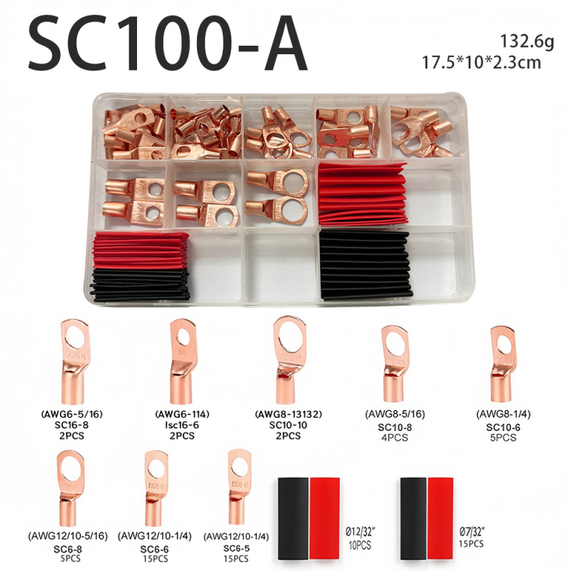 Комплект терминали: 100 bare terminals, 50 crimp terminals и 50 heat shrink tubes, общо 260 бр.