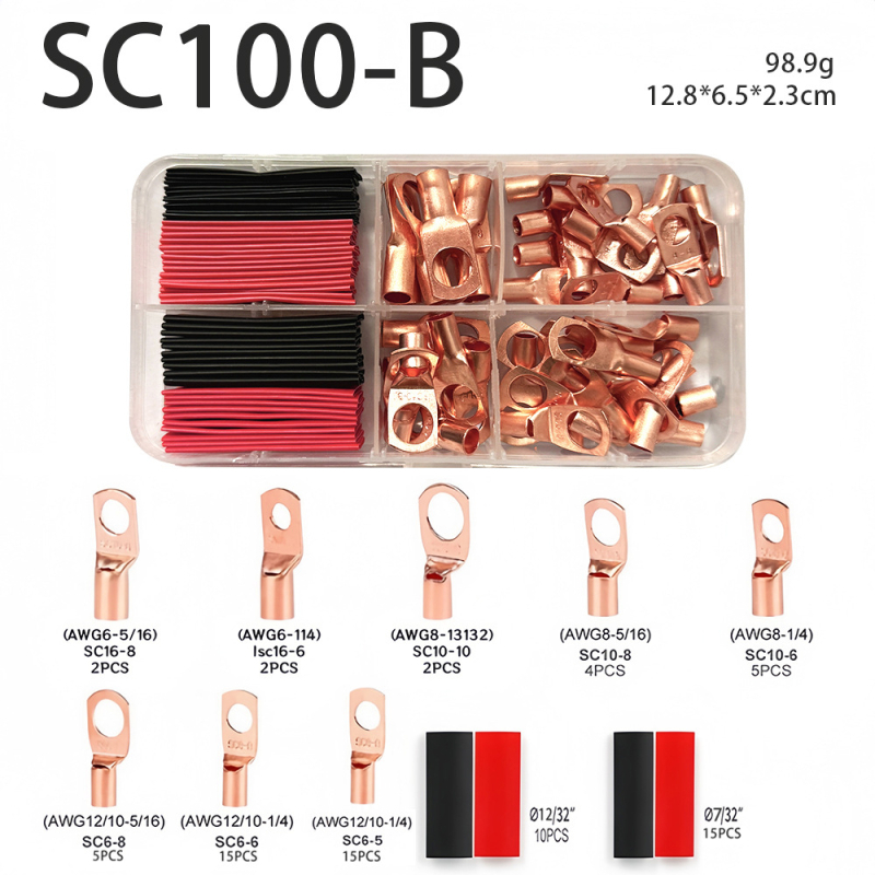 Комплект терминали: 100 bare terminals, 50 crimp terminals и 50 heat shrink tubes, общо 260 бр.