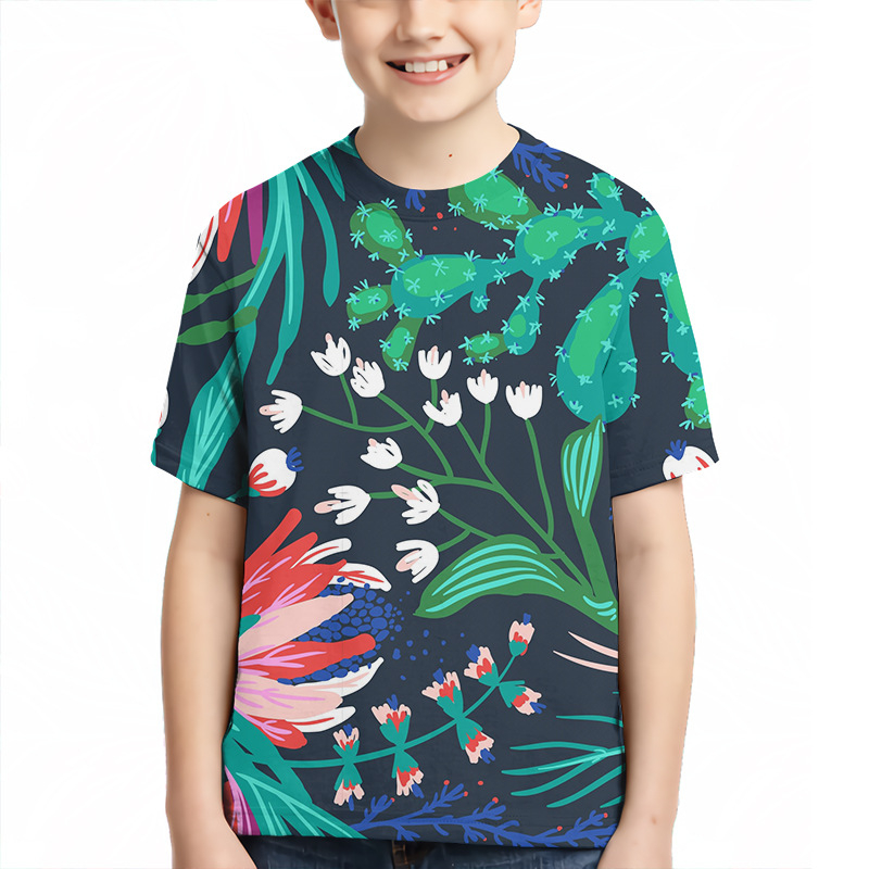 Детска тениска с 3D дигитален печат, геометричен принт, къс ръкав, кръгло деколте, унисекс