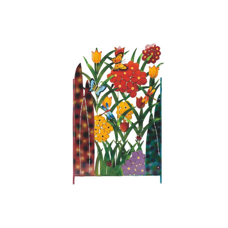 Kerti függő galvanizált fém dekor – pillangó és virág motívum, pasztorális stílus, gravírozás, félkézi és fél-mechanikus kivitelezés