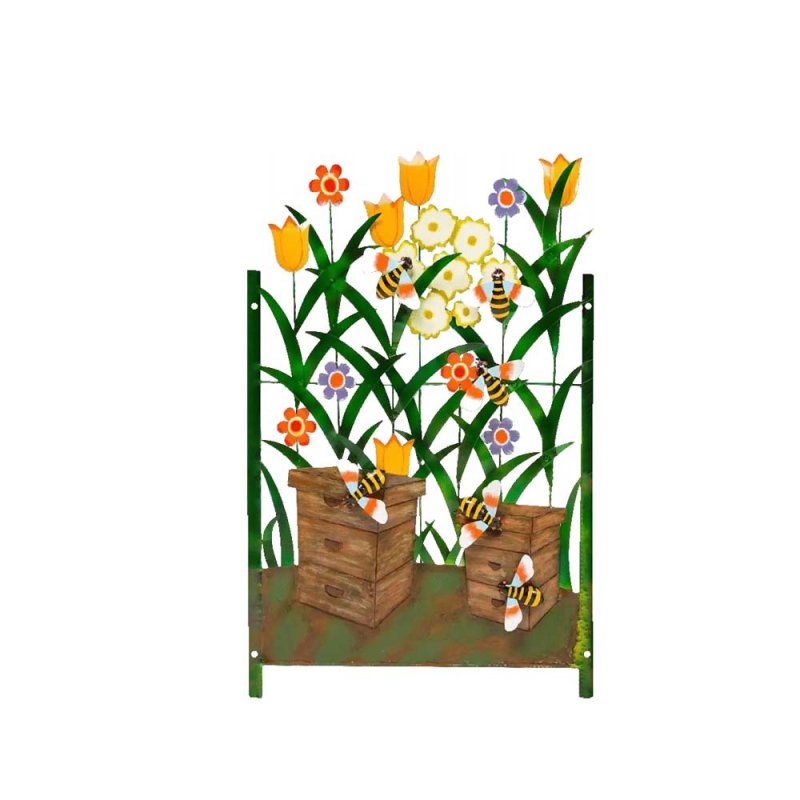 Kerti függő galvanizált fém dekor – pillangó és virág motívum, pasztorális stílus, gravírozás, félkézi és fél-mechanikus kivitelezés