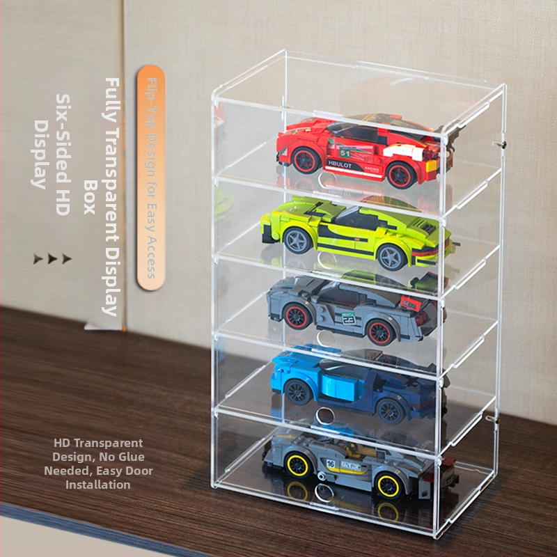 Лего Speed дисплей кейс – акрилен прахозащитен дисплей шкаф за серията за състезателни коли, 2 л капацитет, модерен минималистичен стил, възможност за персонализация