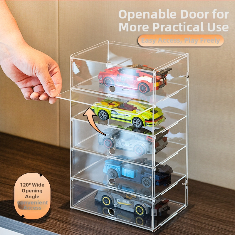 Лего Speed дисплей кейс – акрилен прахозащитен дисплей шкаф за серията за състезателни коли, 2 л капацитет, модерен минималистичен стил, възможност за персонализация